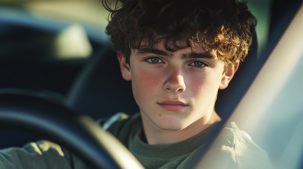 Teenage boy with curly hair sitting behind the wheel of a car, looking forward with a serious expression as sunlight filters in through the window.