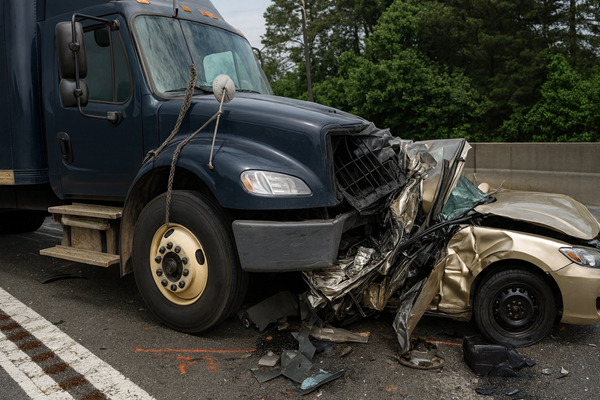 A dark blue truck is shown after a severe collision with a gold car on a highway. The car is crushed at the front, with debris scattered on the pavement, while the background shows trees and a concrete divider under an overcast sky.