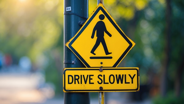 Yellow pedestrian crossing sign with "Drive Slowly" warning attached to a pole on a tree-lined street.