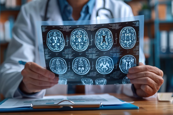 A medical professional in a white coat holds up a sheet of brain MRI scans to the light for a detailed review, symbolizing the clinical process of diagnosing a traumatic brain injury after an accident in Indiana.