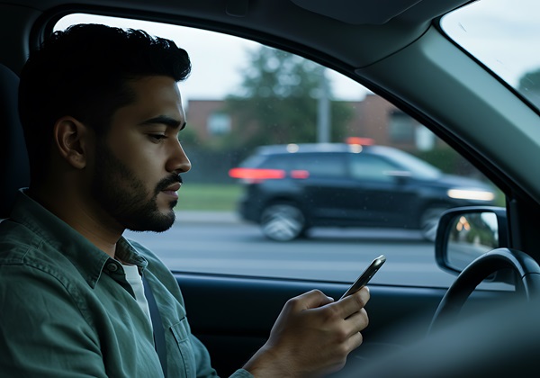 A driver looking at a smartphone while behind the wheel as another vehicle passes by, illustrating the behaviors targeted by Indiana's hands-free law enforcement campaigns in 2026.