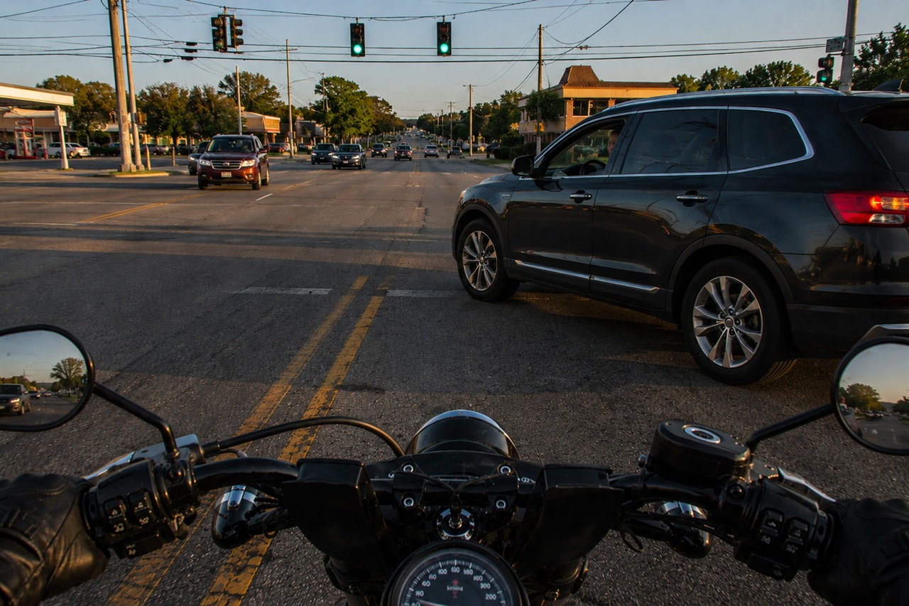 A first-person perspective of a motorcyclist approaching a large intersection during late afternoon, showing a dark SUV pulling out into the rider's path from the right. This visual captures a frequent cause of Indiana intersection motorcycle accidents where larger vehicles fail to yield or notice oncoming riders.