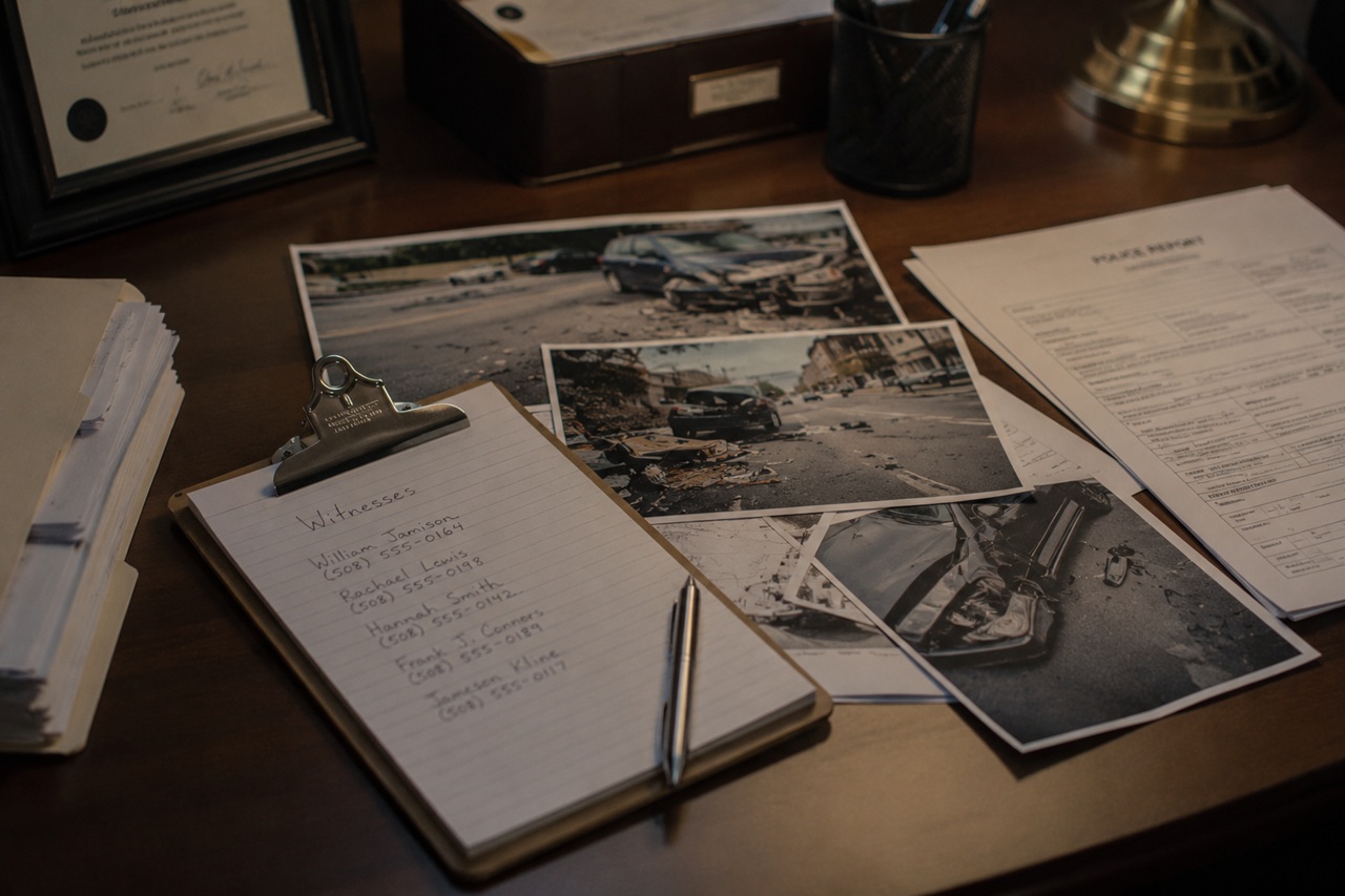 A clipboard with a handwritten list of contact names under "Witnesses" sits on a legal desk alongside a police report and photographic evidence of a car crash, illustrating the collection of witness statements for Indiana accident claims.