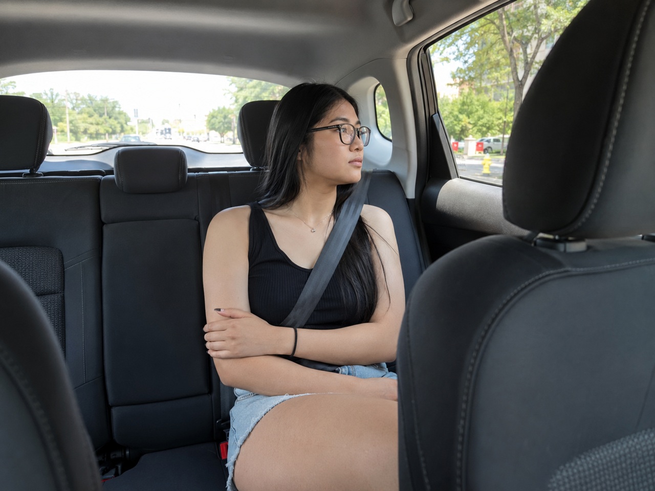 A young woman wearing glasses and a black tank top sits with her arms crossed in the backseat of a rideshare vehicle, looking out the side window while wearing a seatbelt, representing passenger safety, commercial insurance policy phases, and injury liability claims after an Uber or Lyft accident in Indiana.