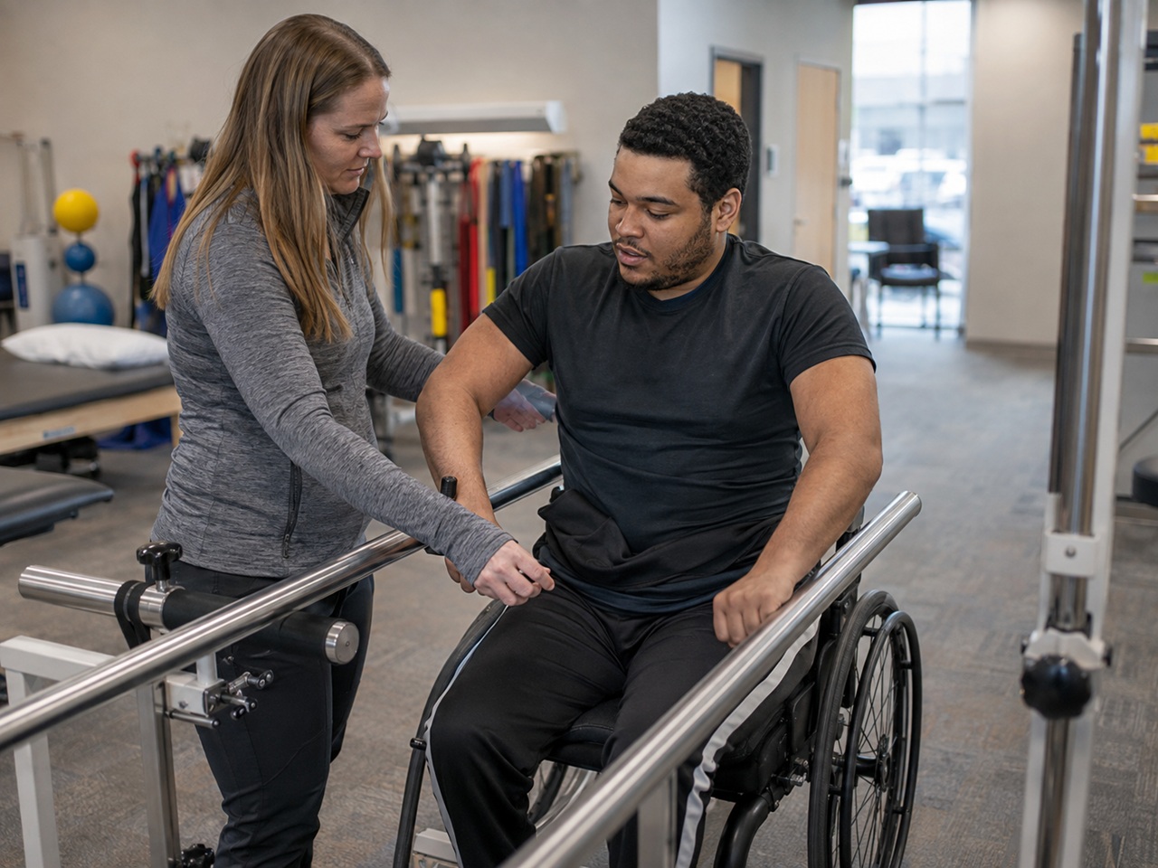 A physical therapist assisting a wheelchair user with parallel bar exercises during rehabilitation in Indiana, illustrating the ongoing medical and therapy costs tied to a spinal cord injury.
