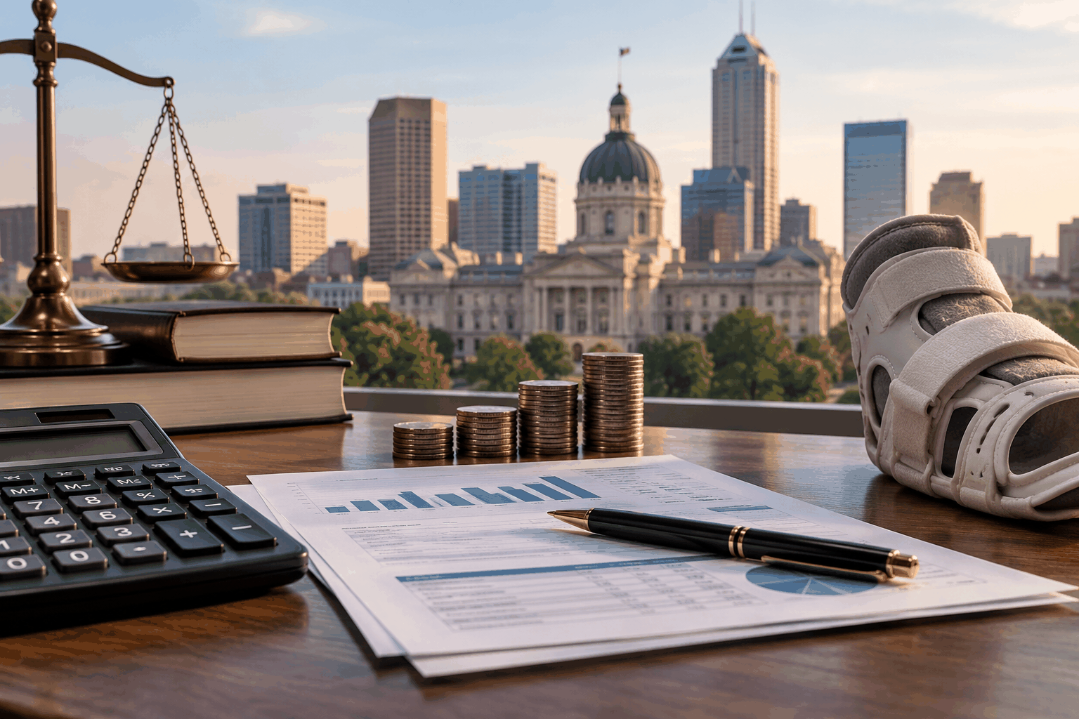 Calculator, financial charts, coins and an orthopedic brace on a desk overlooking the Indianapolis skyline, representing lost earning capacity in an Indiana personal injury claim.